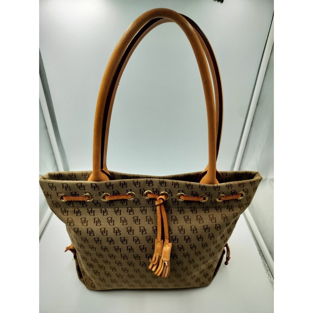 Dooney & And Bourke Tulip Tassel Signature Monogram Canvas Logo Tote Bag Tan